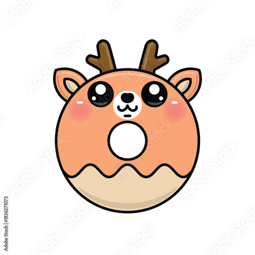 Cute reindeer donut cartoon character. Kawaii deer shaped like a sweet doughnut. Vector illustration of funny animal dessert isolated on white background.