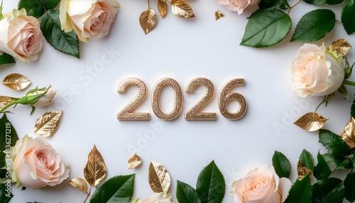 Floral arrangement surrounding golden 2026 centerpiece art
