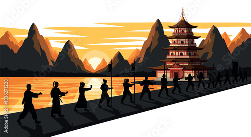 Martial arts training by asian pagoda with silhouetted landscape at sunset