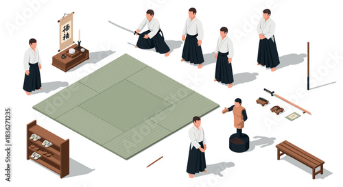 Japanese martial arts practice scene with equipment and participants - perfect for educational and promotional material
