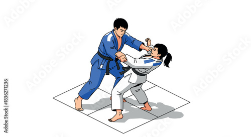 Martial arts training scene featuring judo techniques for self defense and competition