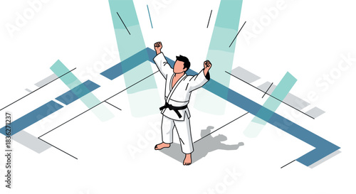 Martial arts victory celebration in karate arena illustrating success and triumph in competition