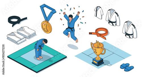Judo victory celebration with medal and trophy for martial arts success