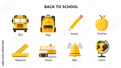 A graphic featuring eight yellow schoolrelated items with labels on a white background