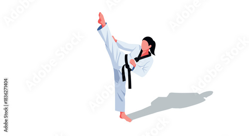 Martial arts woman performing high kick in karate gi illustrative design