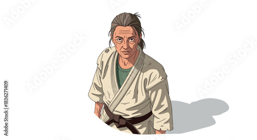 Determined elderly martial artist in traditional attire for inspirational designs
