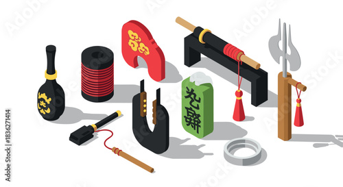 Isometric chinese musical instruments and weaponry collection for cultural design projects