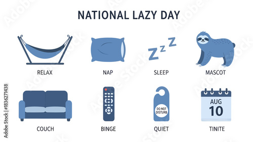 An infographic for National Lazy Day featuring eight blue icons and the date August 10