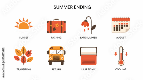 An infographic titled Summer Ending showing eight icons related to the seasons close