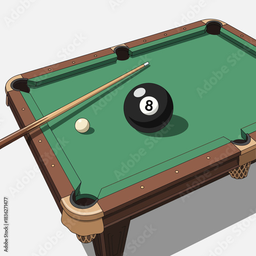 Eight Ball and Cue Stick on a Pool Table.