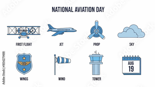 Eight blue and white icons related to aviation are displayed under a centered title