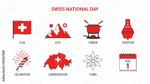 Eight icons representing Swiss National Day elements in red and white