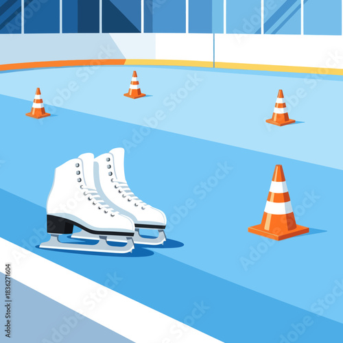 Ice skates on the rink ready for a fun winter activity.