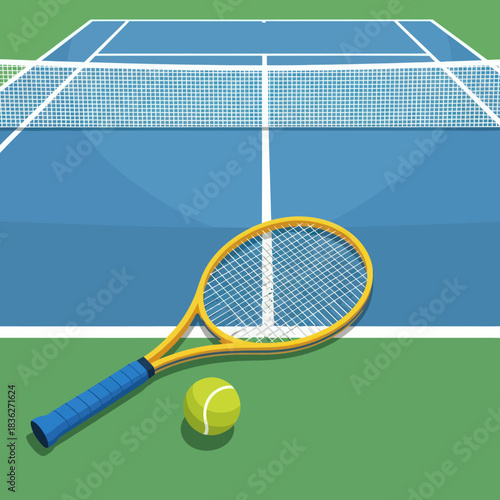 Tennis Racket and Ball on Court.