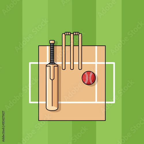 Cricket Equipment on Pitch Illustration.