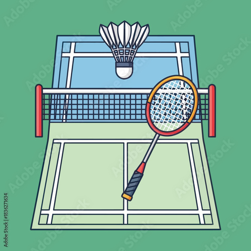 Badminton Racket Shuttlecock and Court Illustration.