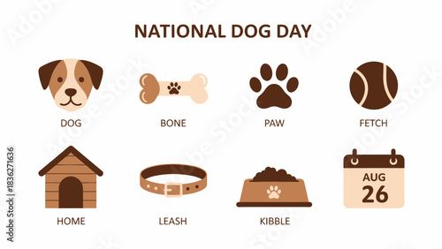 Graphic icons and text for National Dog Day featuring eight dogrelated items