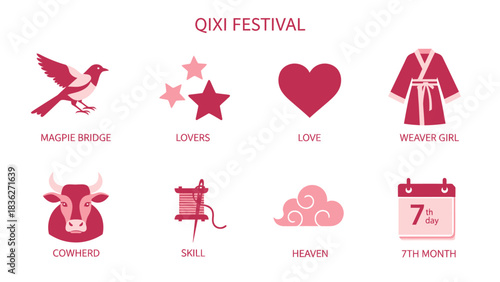 Eight pink and black icons illustrating elements of the Qixi Festival