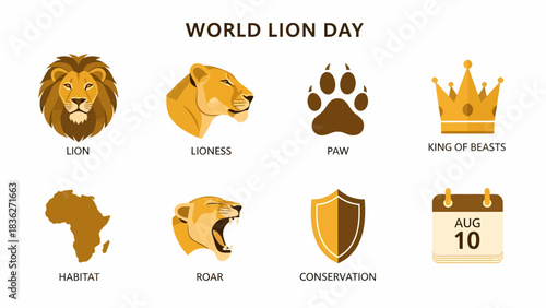 Graphic icons for World Lion Day featuring lion lioness paw print crown Africa map roar shield and calendar