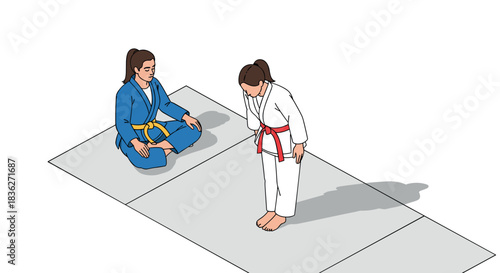 Martial arts training scene with bowing judo practitioners on mat