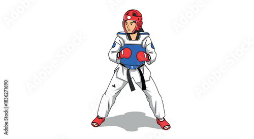 Taekwondo fighter in red gear ready for match – martial arts sport illustration for posters and cards