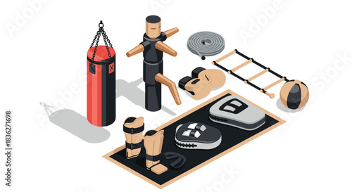 Isometric martial arts training equipment for fitness design and poster illustration