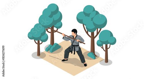 Martial artist practicing in a forest setting for fitness and nature enthusiasts