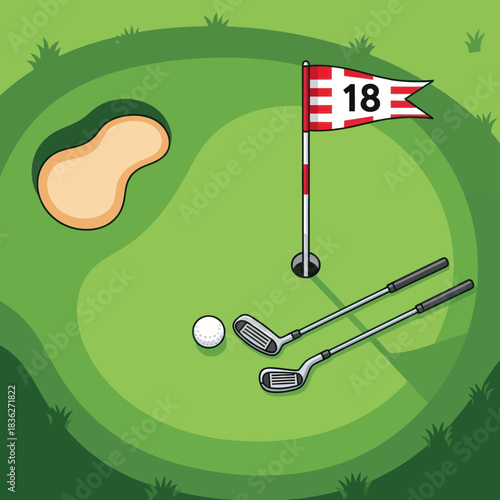 Golf Course Green with Flag, Ball, and Clubs.