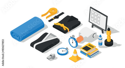 Judo training equipment collection featuring belts, kimono, stopwatch, and books for martial arts practice and coaching