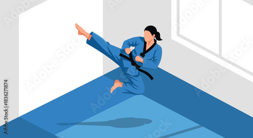 Karate practitioner performing high kick in martial arts training dojo illustration