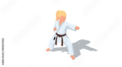 Martial arts training with female karate practitioner in white gi and brown belt