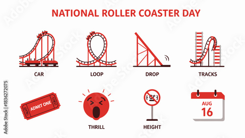 Red and black icons illustrating roller coaster elements and a calendar showing August 16