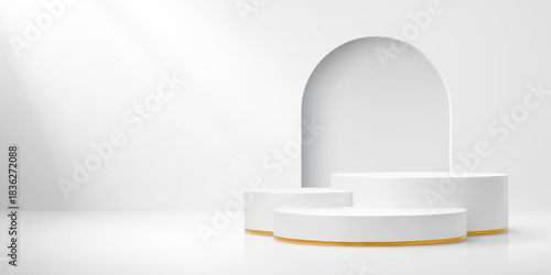 White podium stage with pedestals and arch frame and wall shadows. Realistic 3d vector platforms for cosmetics product display. Studio background mockup for presentation, minimalist showcase scene
