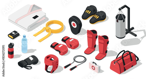 Gym and boxing equipment set featuring protective gear and training essentials for fitness and safety