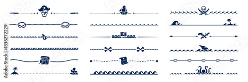 Caribbean pirate decoration dividers and frame borders, nautical corsair trims. Vector set of navy blue separators with sail ship, bottles, skulls, treasure maps, chests, sea waves, octopus and palms