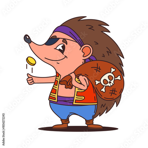 Hedgehog pirate, cartoon animal character of corsair ship crew, vector funny personage. Hedgehog Caribbean sailor with eyepatch and bandana with treasure bag and gold coins as corsair animal character