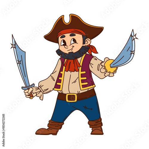 Pirate cartoon character or Caribbean corsair sailor with saber swords, vector groovy personage. Caribbean pirate or seaman captain corsair character in tricorne hat with funny smile and dagger sword