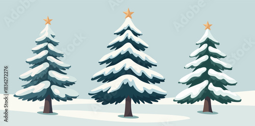  A vector illustration set of three different snow-covered pine trees with a golden star against a winter landscape. The light background atmosphere, perfect for winter holiday seasonal designs, cards