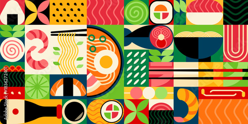 Japanese cuisine geometric pattern featuring japan food items like sushi, ramen, shrimp, soy sauce and chopsticks in colorful grid or modular background with bold shapes. Vector Asian restaurant tile
