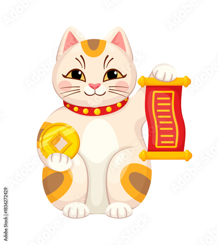 Maneki Neko Japanese lucky cat character with gold coin, cartoon vector. Japanese Maneki Neko cat or kitty kitten symbol of fortune luck with money and scroll parchment for Japanese lucky doll