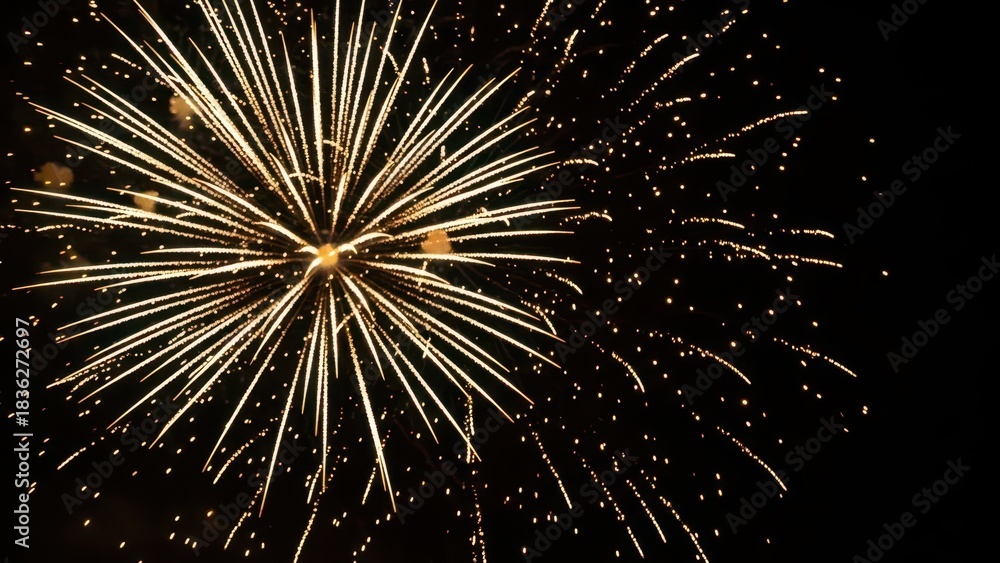 Fototapeta premium Bright golden fireworks exploding in the dark night sky.