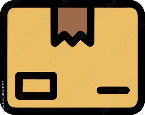 A simple, graphic icon of a closed cardboard shipping box with a label indicating it is ready for transit or storage.