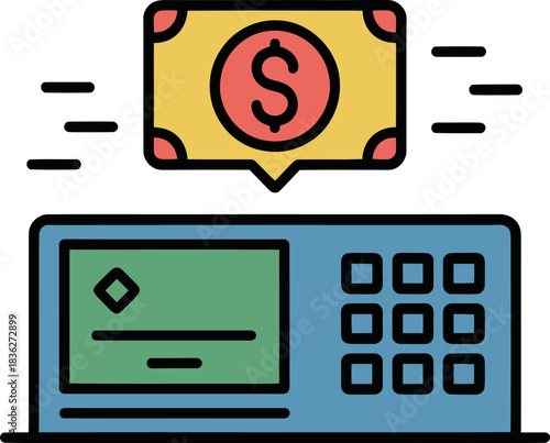 Modern ATM machine dispensing cash with dollar symbol notification