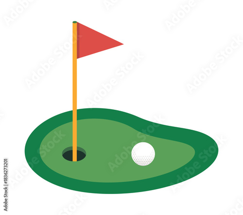 Golf course putting green simple vector illustration featuring a hole, red flag, and ball with clean flat design