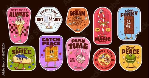 Sweets groovy stickers and desserts hippie patches with funny pastry cartoon vector. Sweet dessert stickers with funky characters of chocolate cookie, groovy lollipop with funny face and cheesecake
