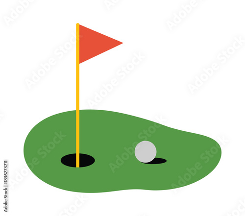 Golf course putting green simple vector illustration featuring a hole, red flag, and ball with clean flat design