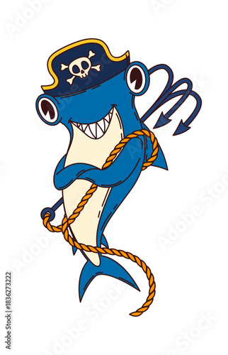 Cartoon fish pirate or animal corsair and ship crew of funny hammerhead shark, vector character. Cartoon hammerhead shark in captain sailor tricorne hat with skull crossbones and grappling hook