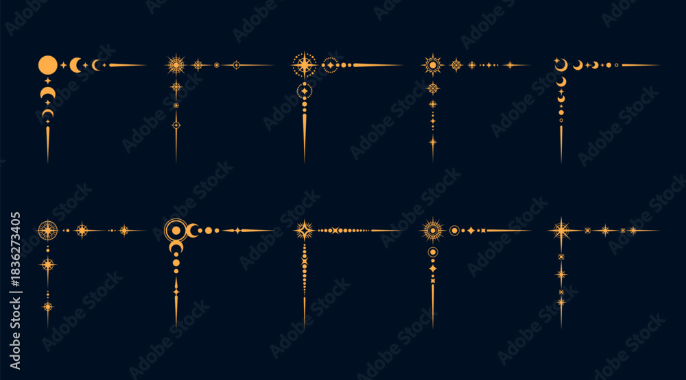 Fototapeta premium Celestial esoteric border corners with mystic and magic symbols, vector set. Corner borders and dividers with golden sun, moon and stars, mystic celestial frames for esoteric Tarot or sacred geometry