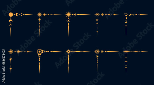 Celestial esoteric border corners with mystic and magic symbols, vector set. Corner borders and dividers with golden sun, moon and stars, mystic celestial frames for esoteric Tarot or sacred geometry