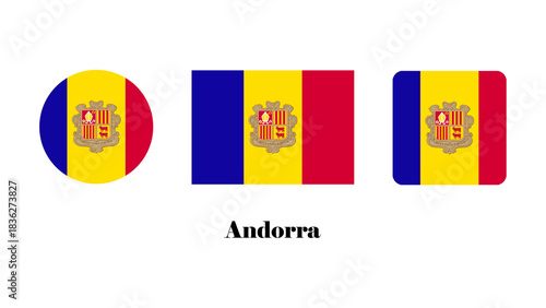 Andorra flag vector set.  Andorra on standard, circle, and simple flag. Andorra flag for education, infographics, political materials, presentations, web graphics, and print projects